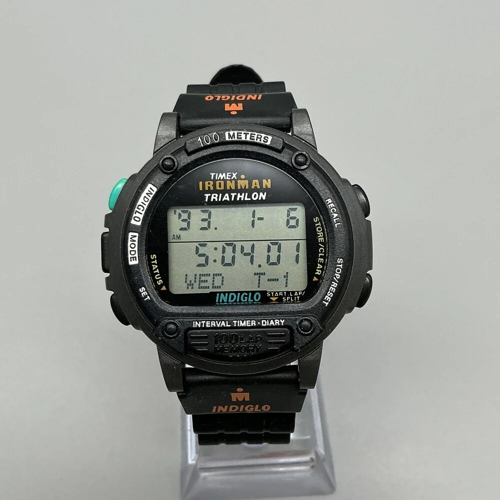 Vintage Timex Ironman Triathlon Mens Watch 44mm Gray Digital 100 Lap Indiglo